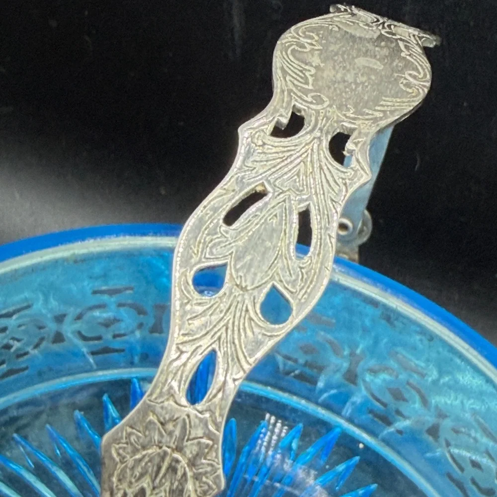 Vintage Mid Century Blue Glass Divided Dish in Silver Tone Metal Handled Basket